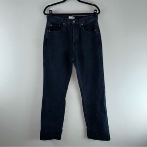 RE/DONE High Rise Loose Long Cuffed Jeans in Blackened Blue Women Size 29